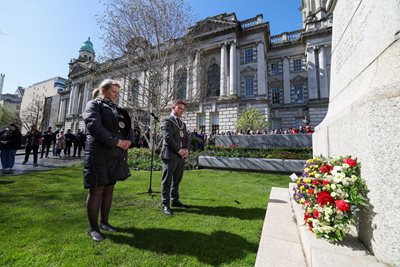 Susie Millar, President of Belfast Titanic Society, and Lord Mayor of Belfast, Councillor Ryan Murphy, lay wreathes at the Titanic Memorial in the grounds of Belfast City Hall. 