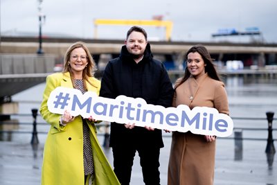 Chair of Belfast City Council’s Strategic Policy and Resources Committee, Councillor Tina Black is pictured with local innovator Darin Smyth and Jenna Crymble, Marketing and Digital Content Officer, 