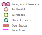Key - Retail, food & beverage Residential Workspace Student residences Open Spaces Retail Core