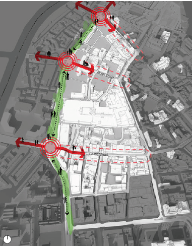 Linkages to Adjacent Neighbourhoods. Red Circles: Key Junction. Green: Public realm improvements to Millfield & Carrick Hill (map)