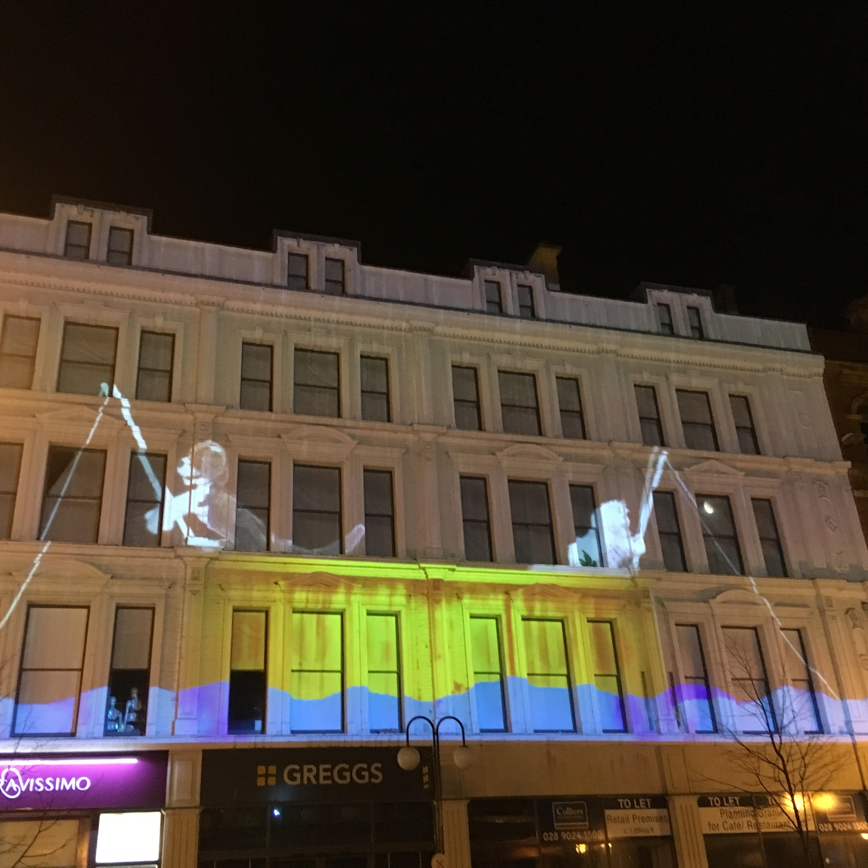 Christmas lighting projection in Belfast City Centre. Creative concept by Imitating the Dog, installation by Galaxy Facilities Management.