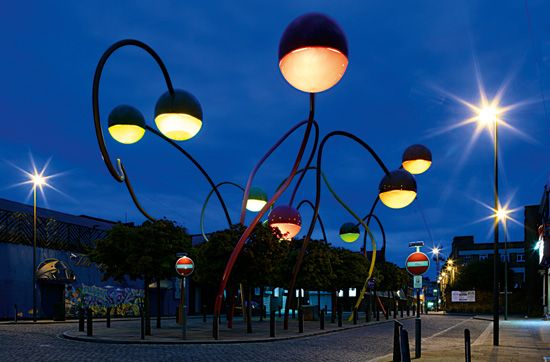 Art installation named Penelope, situated in Wolstenholme Square, Liverpool, at dusk.