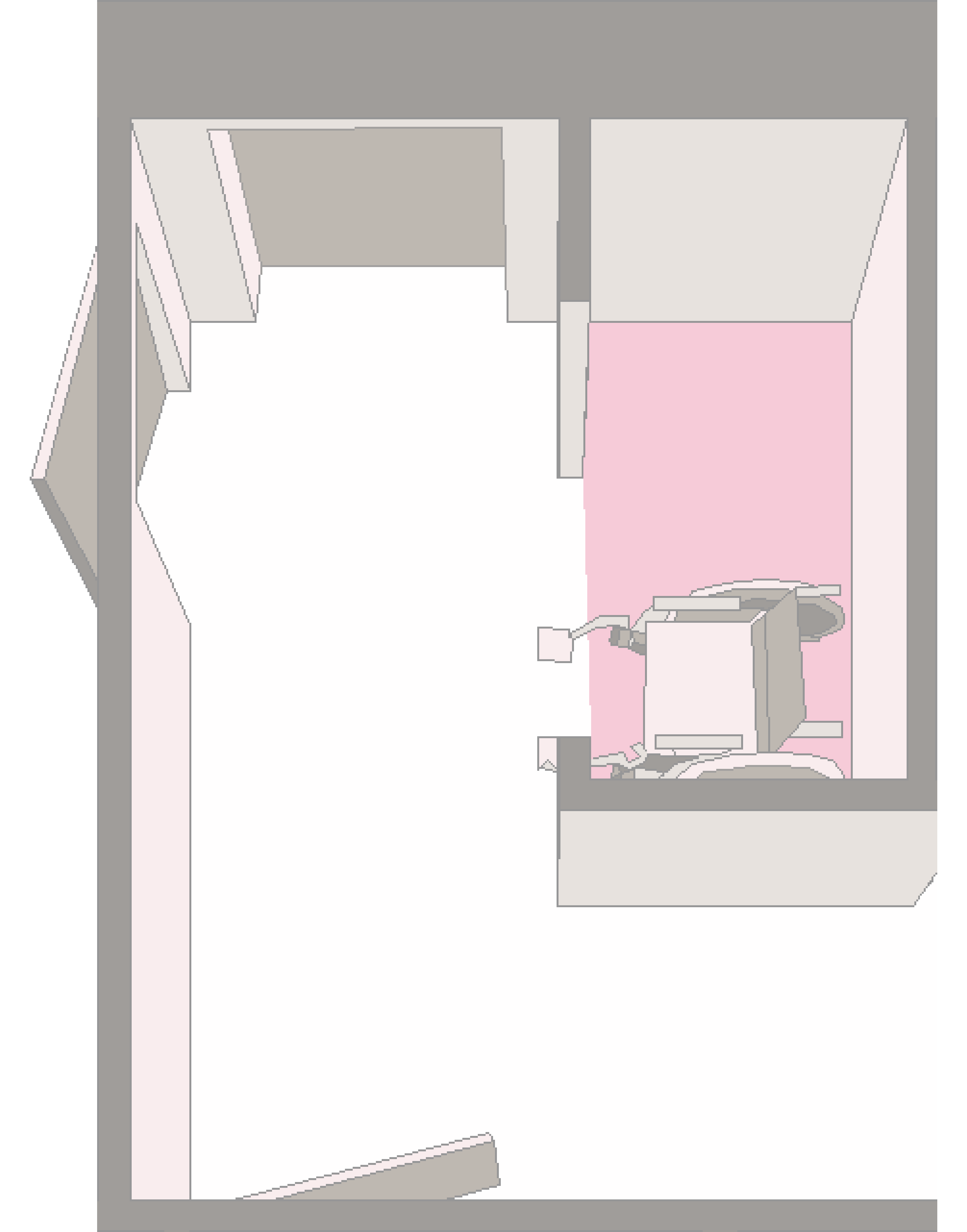 Illustration of dedicated storage space within the entrance of a residential unit for storage of a second wheelchair and sufficient space within the hallway to enable a user to transfer between wheelchairs.