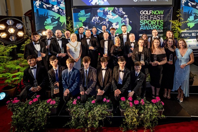 Group photograph of the winners at the 2026 GolfNow Belfast Sports Awards.