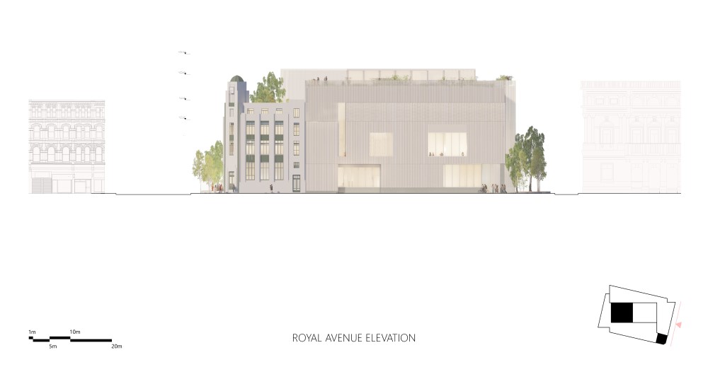 Elevation of the building on Royal Avenue indicating height in relation to surrounding buildings.