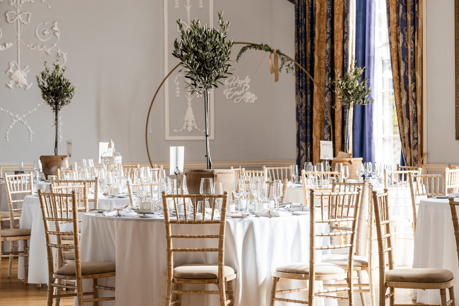 A table set for a wedding in the Harberton Room.