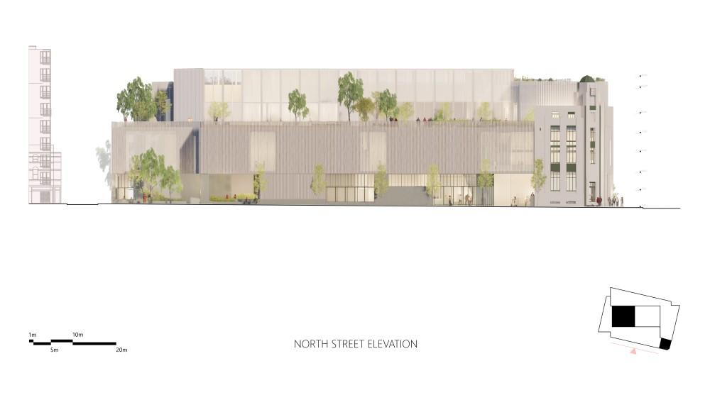 Elevation of the building on North Street indicating height in relation to surrounding buildings.