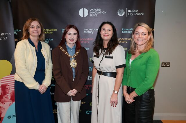 Representatives from Invest NI, the Innovation Factory and Oxford Innovation Space join Lord Mayor of Belfast, Councillor Róis-Máire Donnelly, at the Innovation Factory, Belfast. 