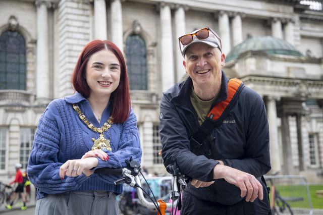 Lord Mayor of Belfast, Councillor Róis-Máire Donnelly, is pictured with Stephen McNally from Cycul, organisers of Ride On Belfast.