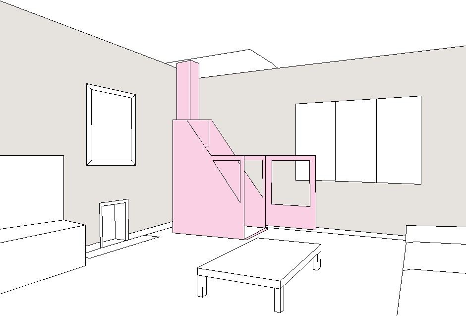 Illustration of an option for the position of a through-floor vertical lift for a wheelchair user.  In this example the lift has been positioned in the corner of the living room.
