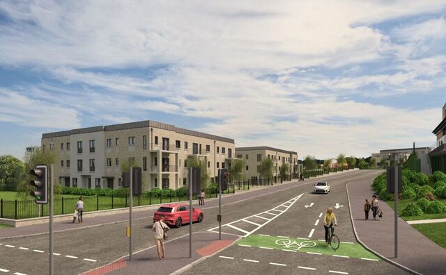 Monagh By Pass residential apartment buildings with roadway beside.