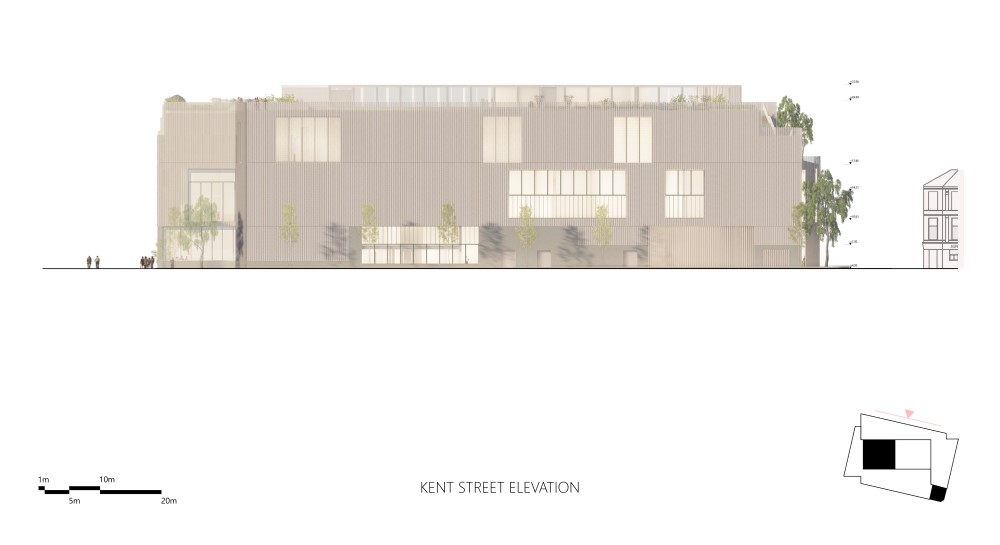 Elevation of the building on Kent Street indicating height in relation to surrounding buildings.
