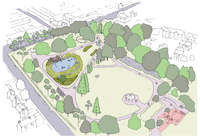 Artist’s impression of the proposed new Sustainable Drainage System (SuDS) pond in Drumglass Park
