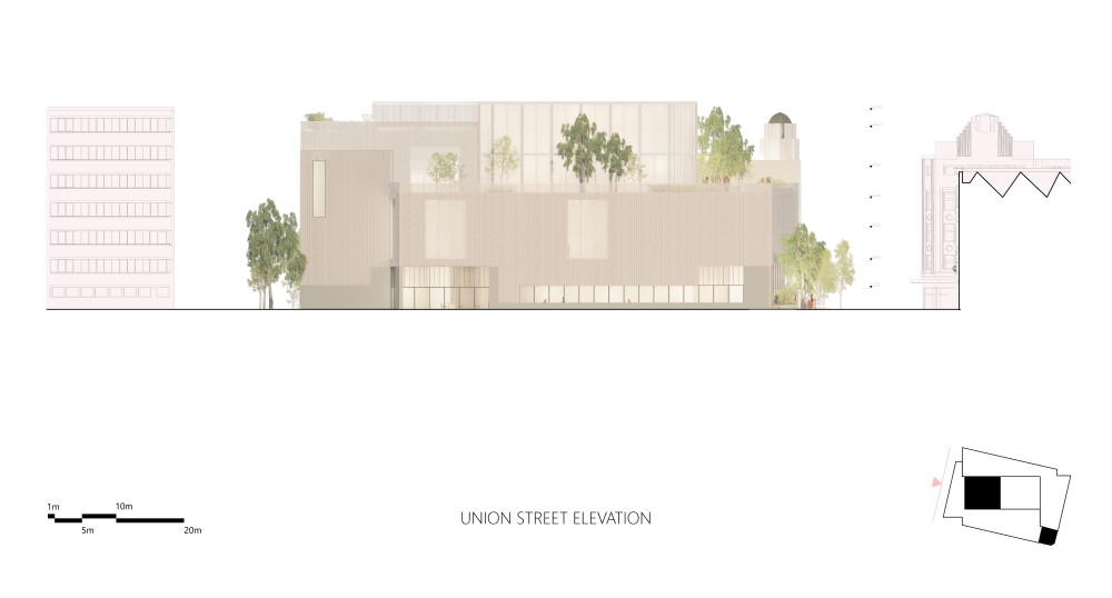 Elevation of the building on Union Street indicating height in relation to surrounding buildings.