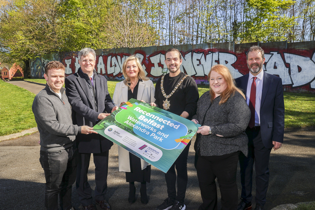 At the PEACEPLUS Reconnected Belfast project launch are Councillor Ryan Murphy, Kieran Moylan, DRCD, SEUPB CEO Gina McIntyre, Lord Mayor Micky Murray, DoJ Minister Naomi Long and John Smith, DfC