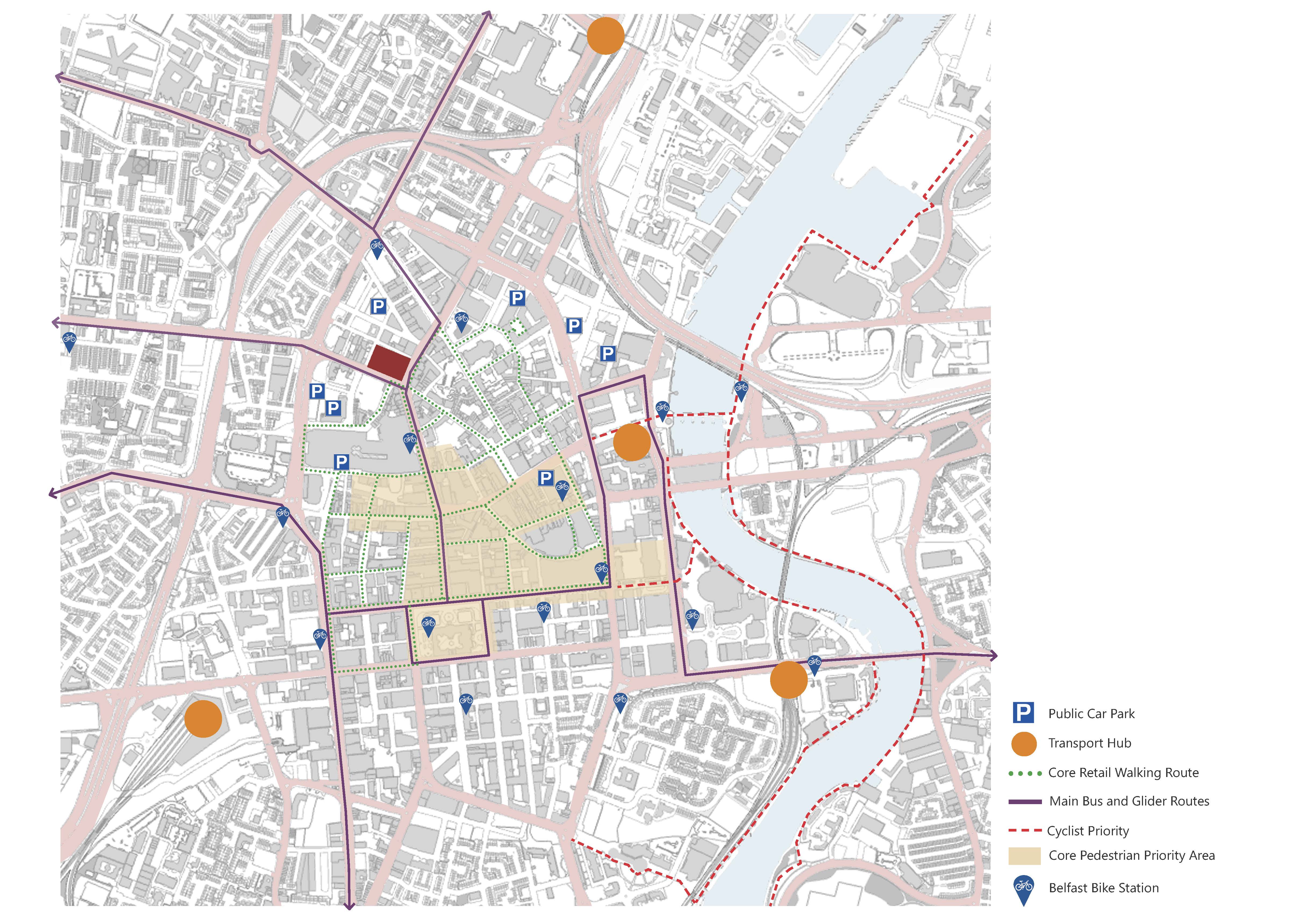 Diagram illustrates how the Belfast Stories site connects to existing travel and transport links including bus routes, parking and cycle lanes.