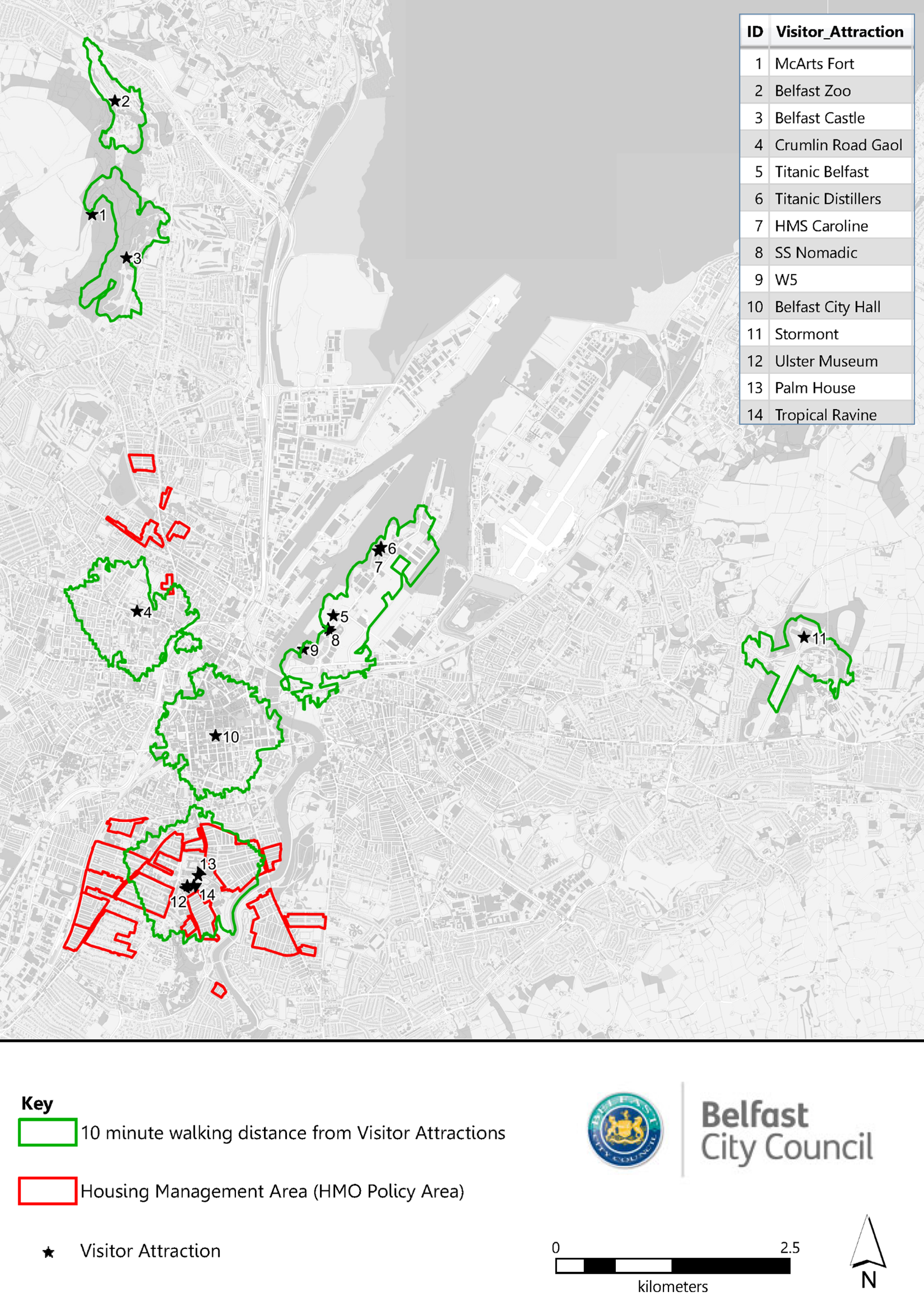 Map showing visitor attractions and Housing Management Areas in Belfast, with green outlines indicating 10-minute walking distances from 14 key visitor attractions marked with stars and red outlines marking housing management areas designated under HMO policy. The map includes a legend, scale bar, north arrow, and labels for each visitor attraction, which are numbered and listed by name in the top right corner.  The map therefore highlights the spatial relationships between visitor attractions and housing management areas across the city.