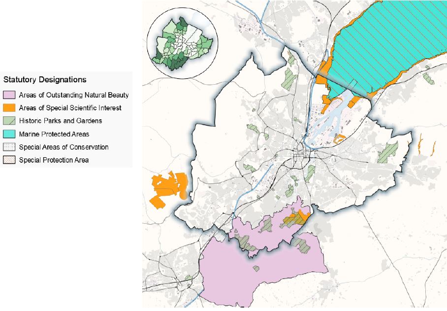 Map of Belfast with Statutory Designations highlighted with Areas of Outstanding Natural Beauty (AONB) in purple. The only AONB shown is a large patch of land on the Southern border of the city region and beyond. Areas of Special Scientific Interest are in orange, these are scattered throughout the region with the most significant at the harbour and just outside the city to the West. Historic Parks and Gardens are highlighted green with red hatching and are found throughout the city in small pockets. There is one large Marine Protected Area highlighted in blue which encompasses the water from the Harbour outwards North-East of the city. This same stretch of water is hatched in red to denote a Special Protection Area. The figure also shows an inset to compare Figure 3 a map of the canopy cover by ward.