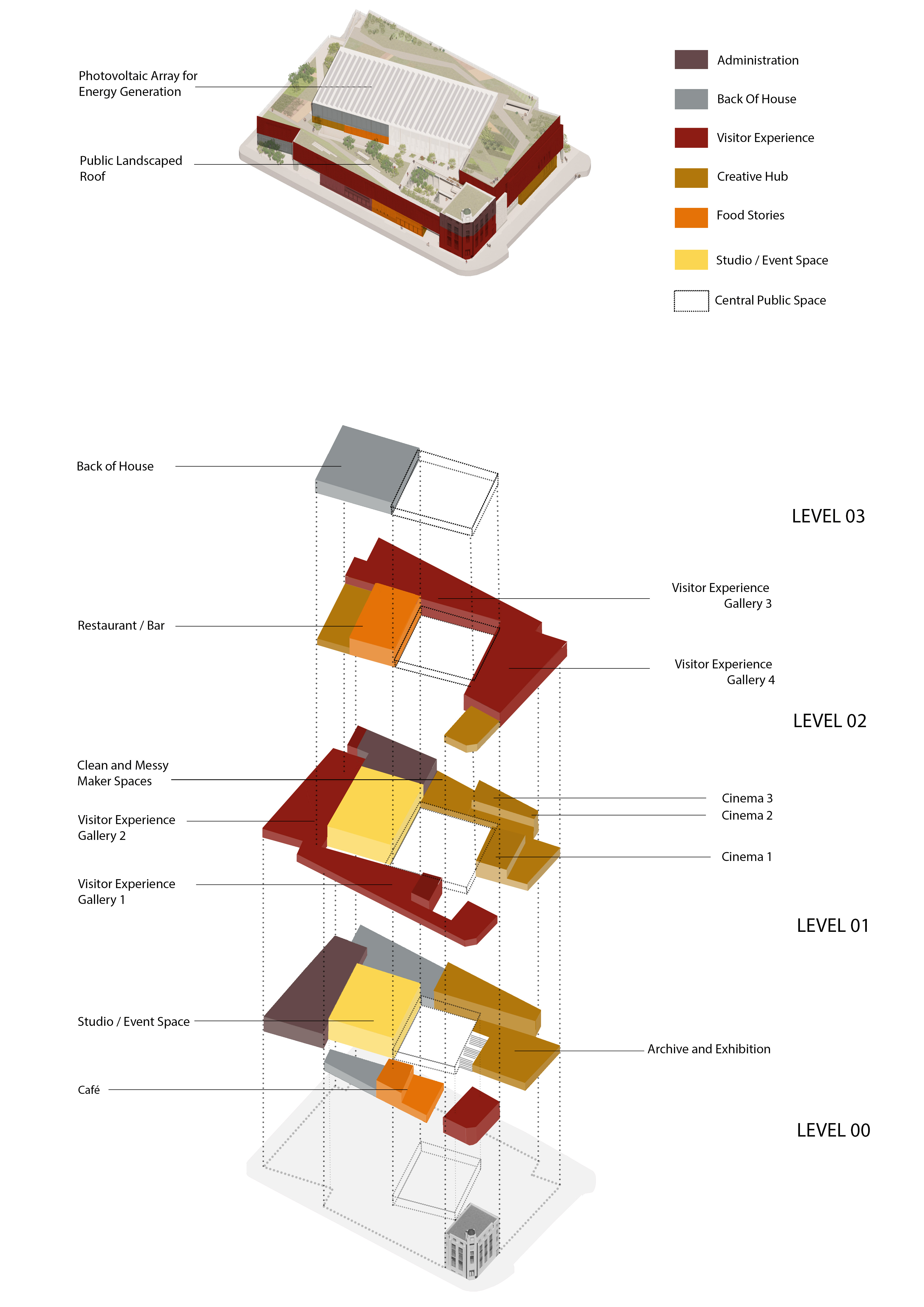 Diagram illustrates floor by floor the different spaces and facilities in Belfast Stories.