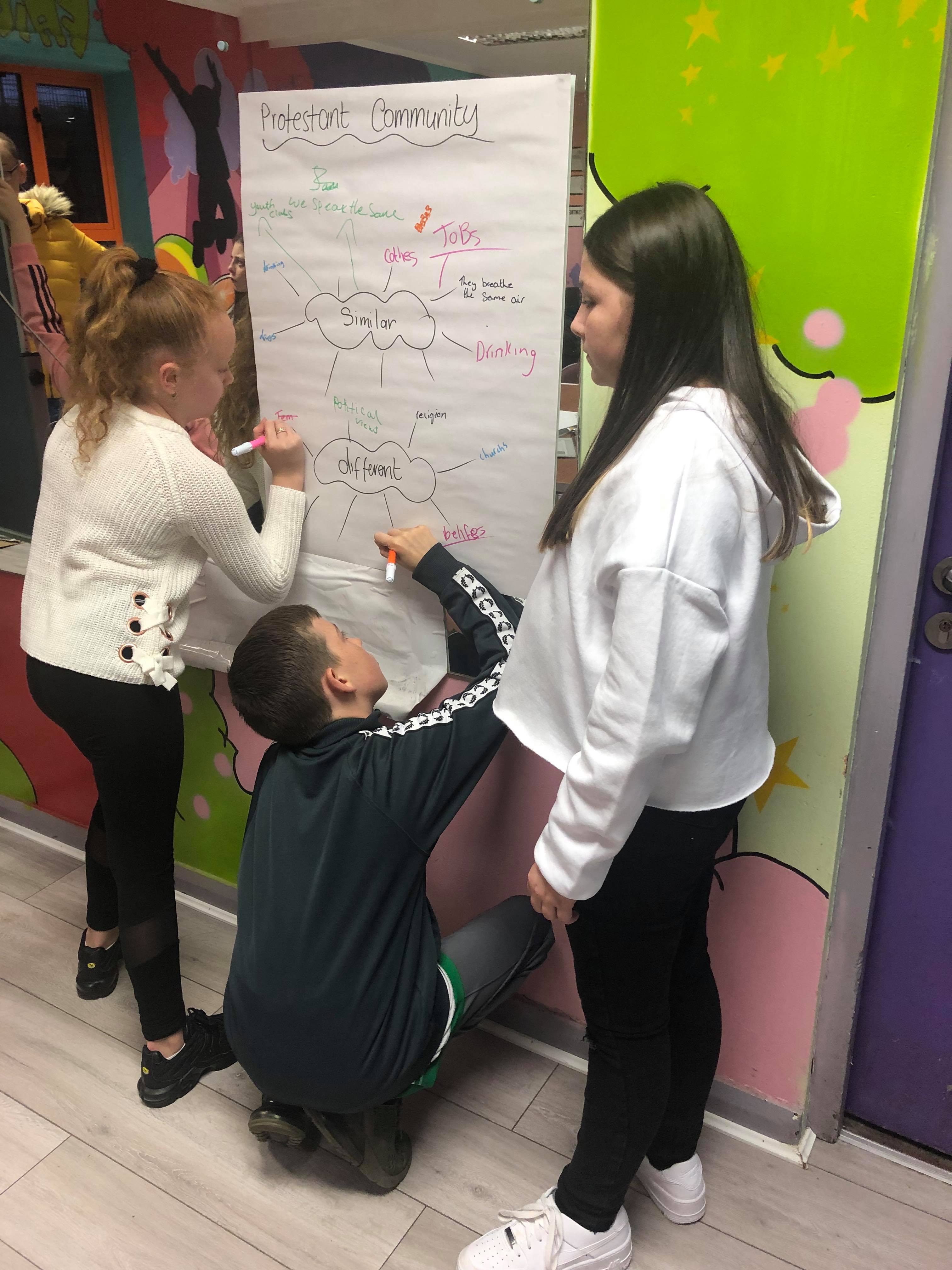 Three children drawing on a flip chart.