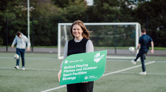 Councillor Jenna Maghie, pictured on playing pitch to launch the public consultation on the council’s draft Playing Pitches and Outdoor Sport Facilities Strategy 2026-2036.