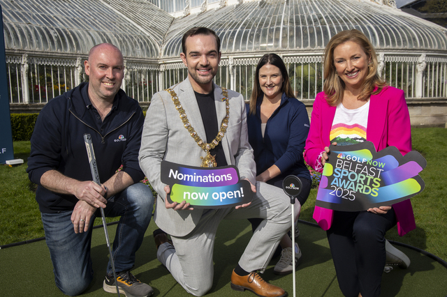 Lord Mayor with Golf Now representatives and Claire McCollum at the Sports Awards launch