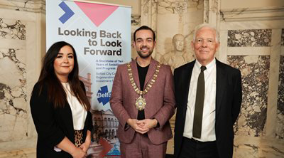 Councillor Natasha Brennan, Lord Mayor of Belfast Councillor Micky Murray and Joe Berridge, Partner Urban Strategies Inc