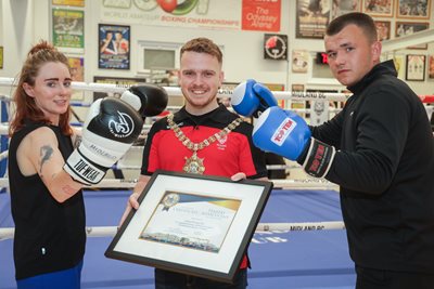 Lord Mayor with two boxers at Midland Boxing Club