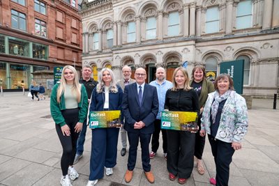 Councillor Ian McLaughlin (middle) with representatives from organisations appointed to deliver Belfast PEACEPLUS projects