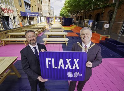 Chris McCracken, Linen Quarter BID and Lord Mayor Councillor Michael Long at the new FLAXX space