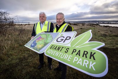 Kevin McKay, Chief Executive of Giant’s Park Belfast Limited and John Walsh, Chief Executive of Belfast City Council at Giant’s Park, holding a photo prop