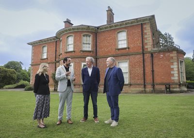 Representatives from Golden Thread Gallery and The National Lottery Heritage Fund join Lord Mayor of Belfast outside Wilmont House in Sir Thomas and Lady Dixon Park.