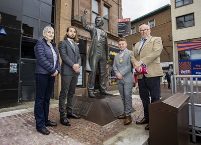 Anna Slevin from DfC, sculptor Hector Guest, Lord Mayor Councillor Ryan Murphy and sculptor Alan Beattie Herriot at the unveiling of a statue of Frederick Douglass