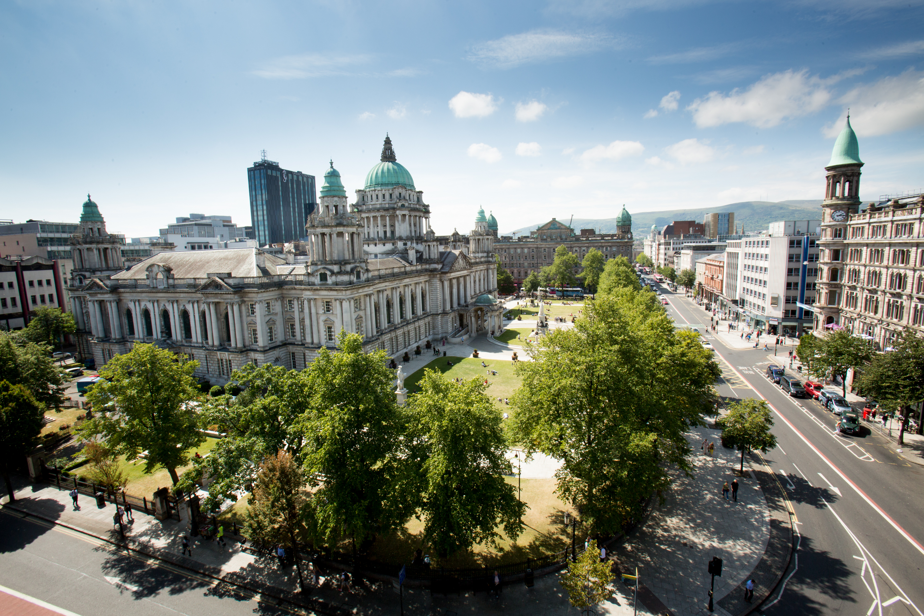 Aerial view of City Hall grounds and streets surrounding