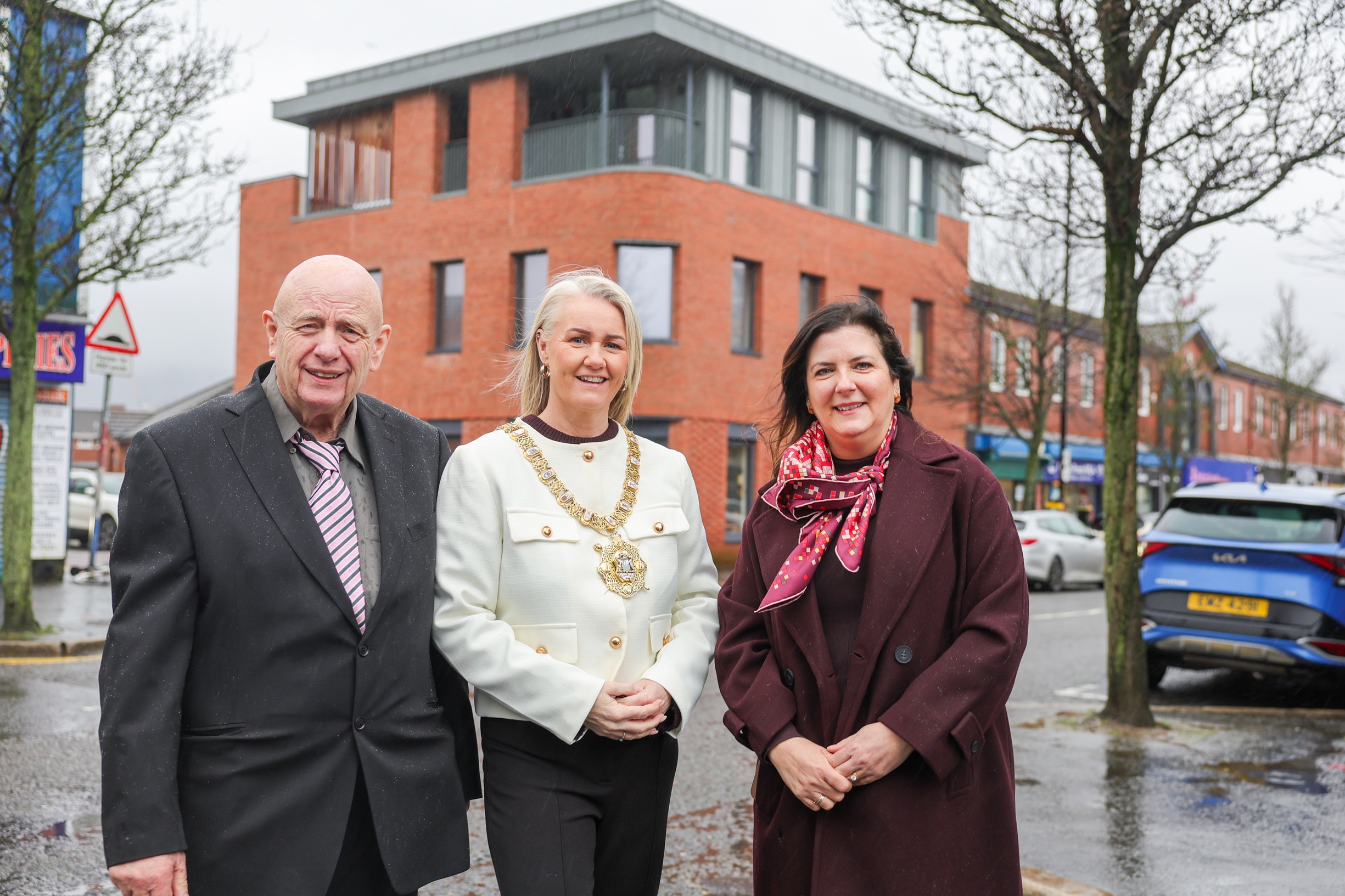 Belfast Lord Mayor Cllr Tracy Kelly with Garnet Busby from Belfast South Community Resources and Gail Prentice from Flax Arts Studios in front of the new Arts & Digital Hub