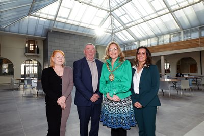 Marie Maguire and Gerry McConville from Falls Community Council, Belfast Lord Mayor Christina Black and Orla McStravick from the Social Investment Fund in St Comgall's atrium (SIF)