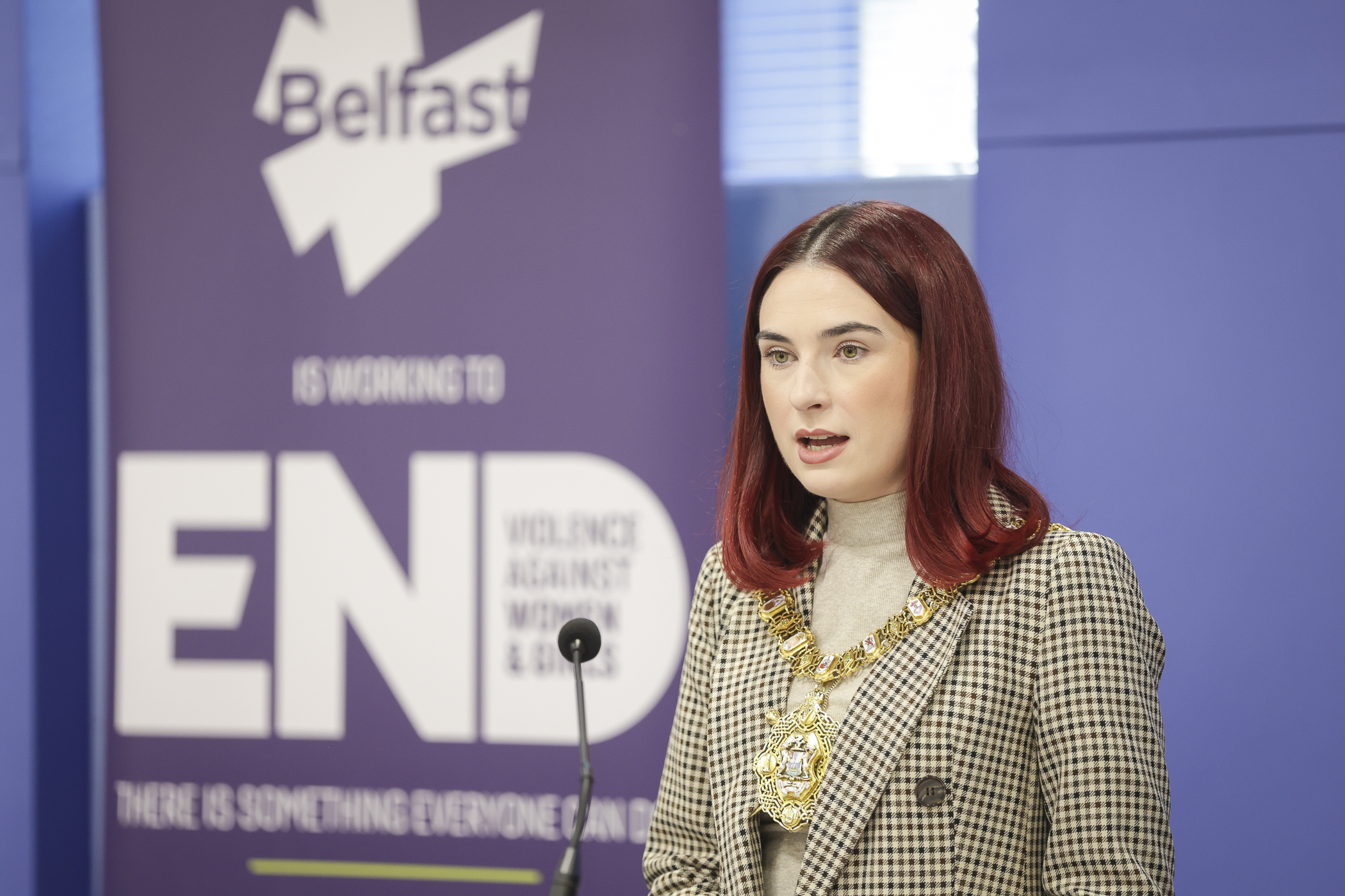 Lord Mayor of Belfast Cllr Roís-Máire Donnelly speaking at the launch event for the grants