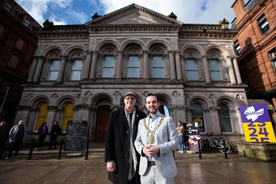 Lord Mayor of Belfast, Councillor Micky Murray, welcomes human rights activist Stuart Milk to 2 Royal Avenue, Belfast.