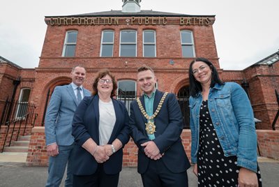 Pictured at Templemore Baths, where a £17 million project to restore and expand the historic Victorian building has just been completed, are (from left to right): Gareth Kirk from GLL, Angela Lavin fr