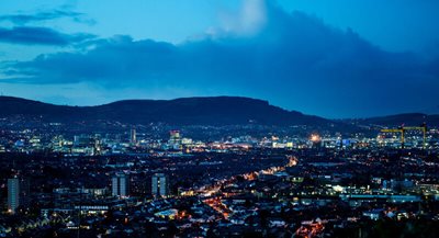 Aerial view of Belfast at dusk.