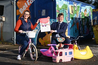 Cllr Ruth Brooks, Chair of the People and Communities Committee, and Michael Sloan, Area Retail Manager of East Belfast Mission with some pre-loved toys