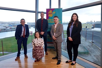 Lord Mayor with line-up of speakers at the Embrace the Inclusive Spirit event at Titanic Belfast