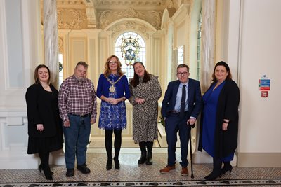 Image shows Lord Mayor Councillor Tina Black with Gerard Mullan, Leanne Mulhern, Sean Fitzsimons, Edyth Dunlop and Nora Largey