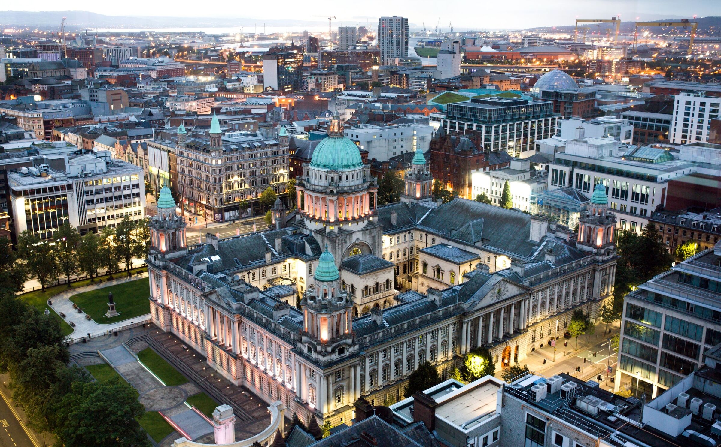 View of city of Belfast from above in evening 
