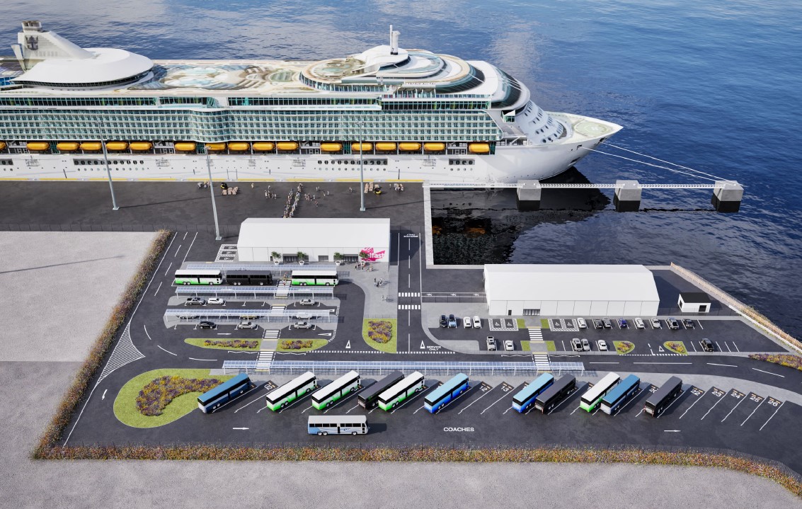 CGI image of cruise ship terminal and berthing facility
