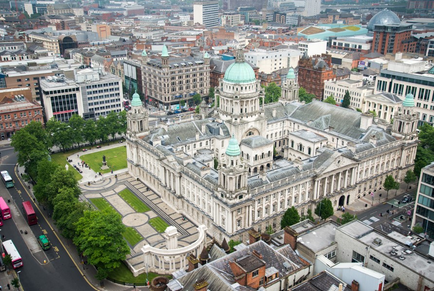 Aerial view of Belfast City Hall and the surrounding area.