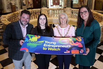 Ryan Mawhinney from Danske Bank, Elizabeth Crossan from Pacem Accounting and Brenda Charnock from Herbert Smith Freehills Kramer join the Lord Mayor of Belfast, Councillor Tracy Kelly.