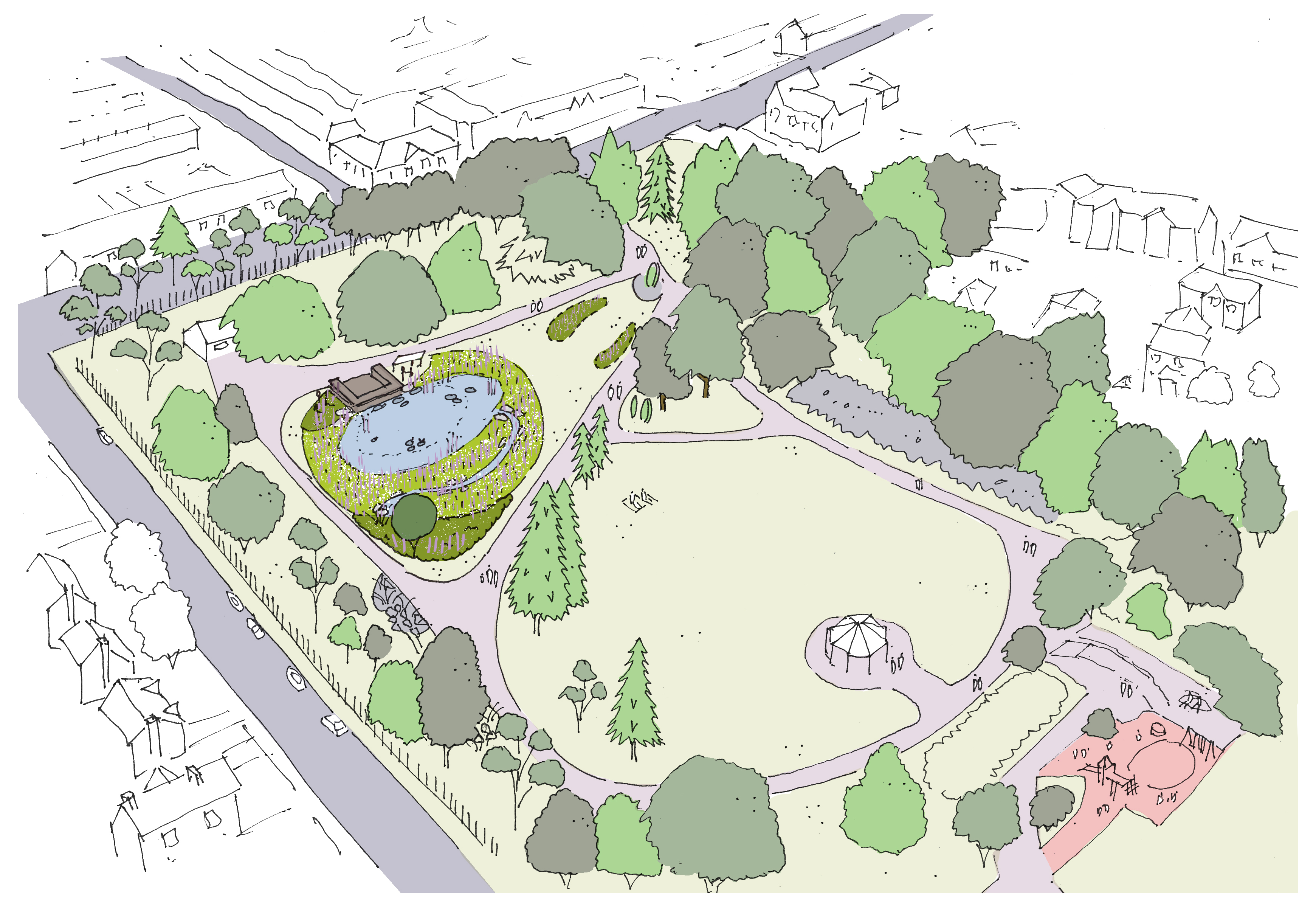 Artist’s impression of the proposed new Sustainable Drainage System (SuDS) pond in Drumglass Park