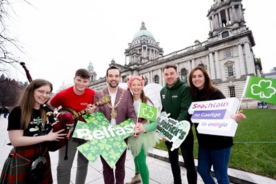 Lord Mayor of Belfast, joins local musicians, performers and representatives from Belfast Tradfest, Conradh na Gaeilge and Féile an Phobail at City Hall to launch St Patrick's Day programme.