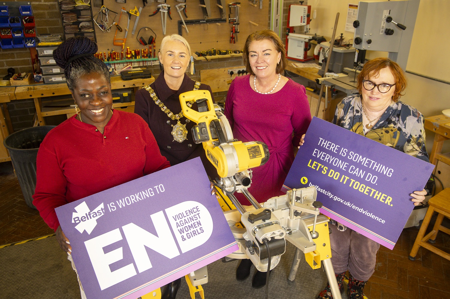 Lord Mayor of Belfast, Councillor Tracy Kelly and Lynn Carvill, CEO of Women’s TEC, join participants Christiana Olujomoye (left) and Alison McClelland at their Hard Hat Thinking workshop.